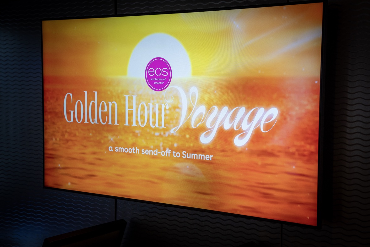 Screen at the eos Golden Hour Voyage corporate yacht event